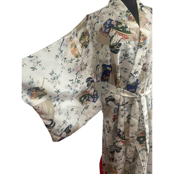 Jade Brand, White Floral Print/Geisha Design Long Polyester Kimono - Picture 6 of 11